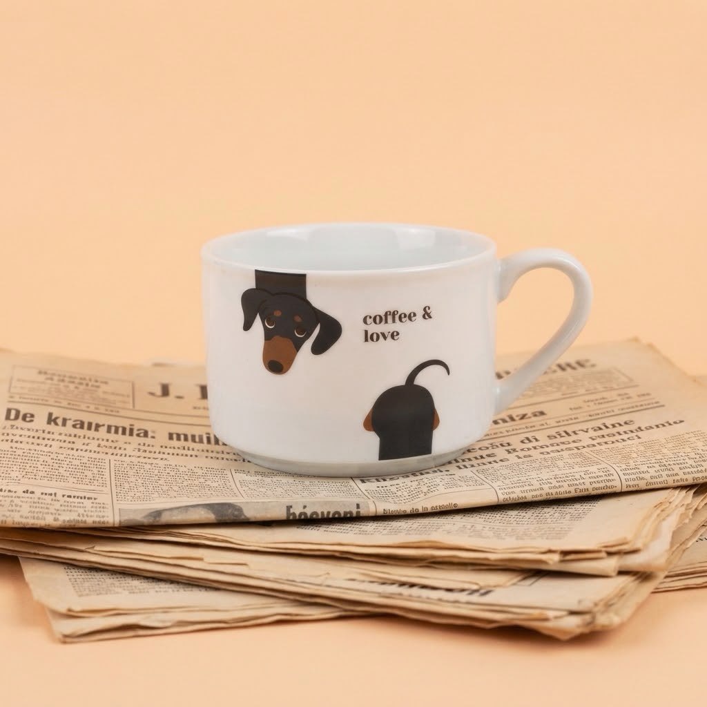 Bela šoljica sa crtežom jazavičara, natpis coffee & love